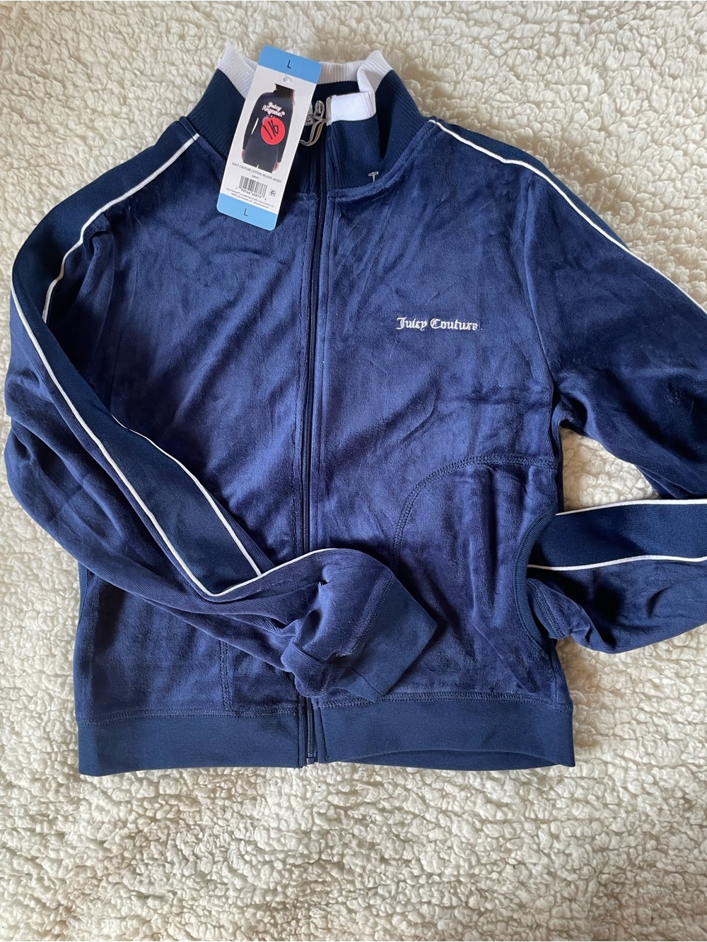 Juicy Couture Navy Velour Zip Track Jacket with White Piping